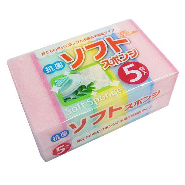 Губка для мытья посуды с абразивным слоем (мягкая), AJWA, 5 шт, Япония