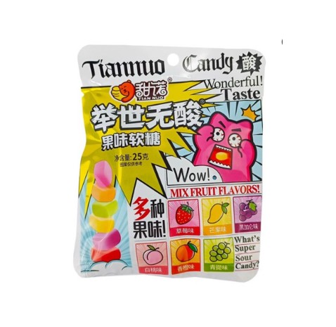 Кислые жевательные конфеты 6 вкусов "Фруктовое ассорти" Tiannuo Candy 25 гр, Китай