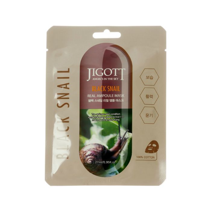 Маска тканевая для лица с экстрактом слизи черной улитки, Jigott Black Snail Real 27мл, Корея