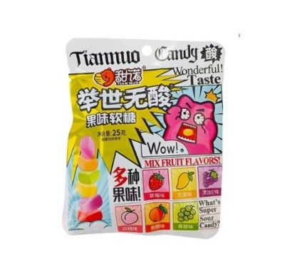 Кислые жевательные конфеты 6 вкусов "Фруктовое ассорти" Tiannuo Candy 25 гр, Китай